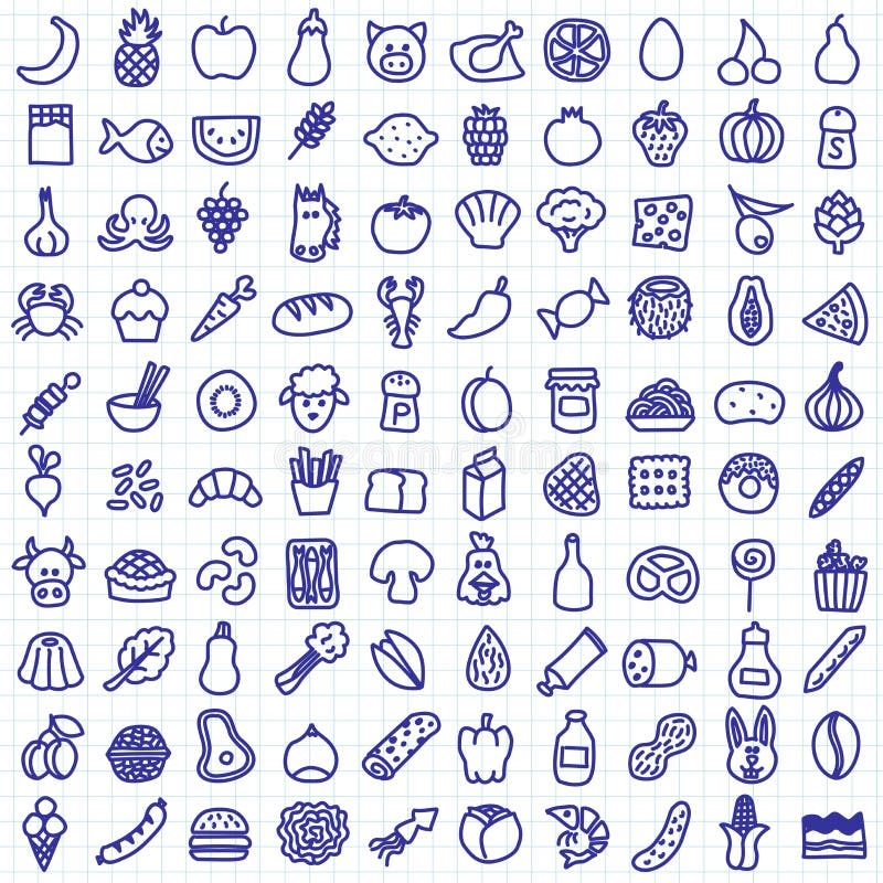 One hundred hand drawn food icons. One hundred hand drawn food icons