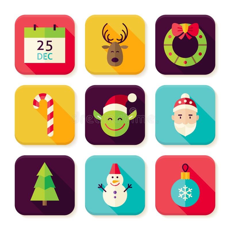 Ícones do App do quadrado do ano novo do Feliz Natal ajustados ilustração do vetor Ícones do App do quadrado do ano novo do Feliz Natal ajustados ilustração do vetor