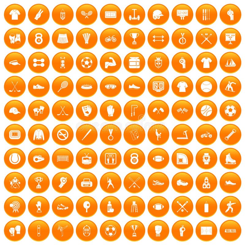 100 ícones do atleta ajustados alaranjados ilustração stock
