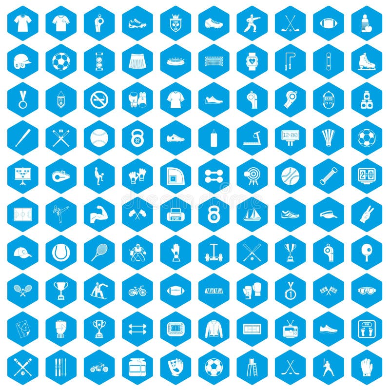 100 ícones do atleta ajustados azuis ilustração royalty free