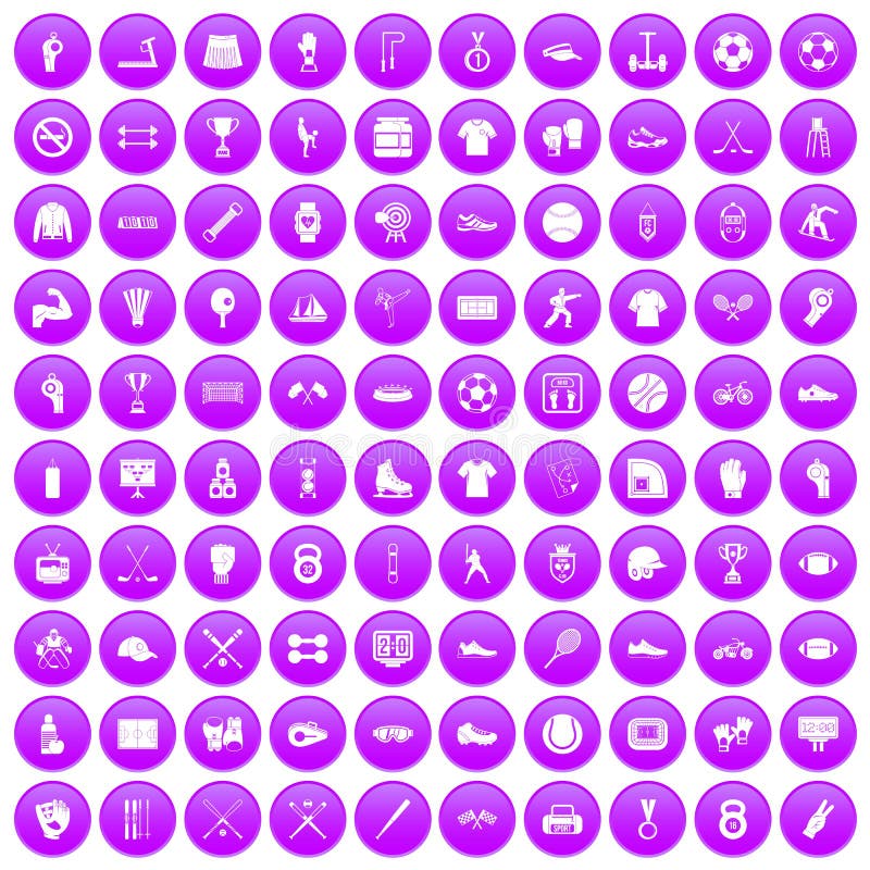100 ícones do atleta ajustados roxos ilustração do vetor