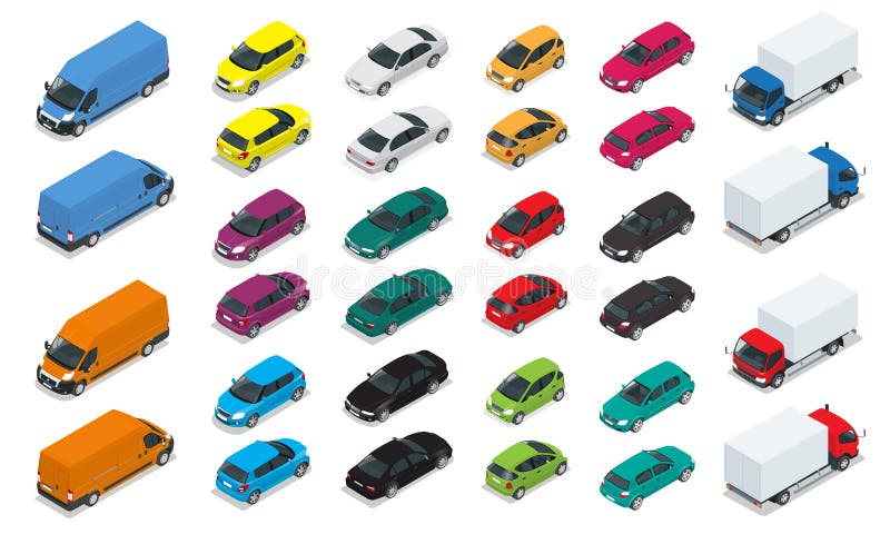 Car icons. Flat 3d isometric high quality city transport. Sedan, van, cargo truck, hatchback. Set of urban public and freight transport. Car icons. Flat 3d isometric high quality city transport. Sedan, van, cargo truck, hatchback. Set of urban public and freight transport.
