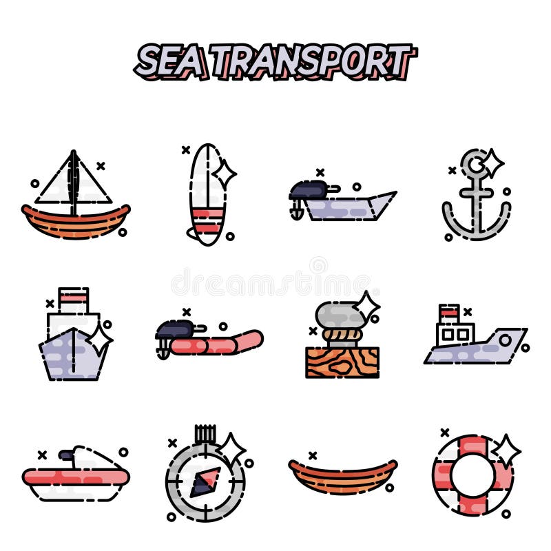 Ícones do conceito dos desenhos animados do transporte de mar ilustração royalty free Ícones do conceito dos desenhos animados do transporte de mar ilustração royalty free