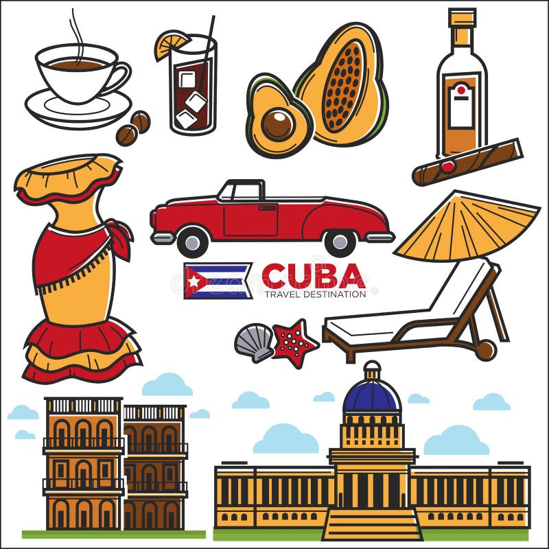 Ícones do curso de Cuba e marcos sightseeing de Havana do vetor ilustração stock Ícones do curso de Cuba e marcos sightseeing de Havana do vetor ilustração stock