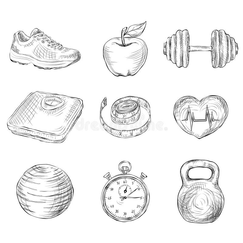Fitness bodybuilding diet and healthcare sketch icons set isolated vector illustration. Fitness bodybuilding diet and healthcare sketch icons set isolated vector illustration.