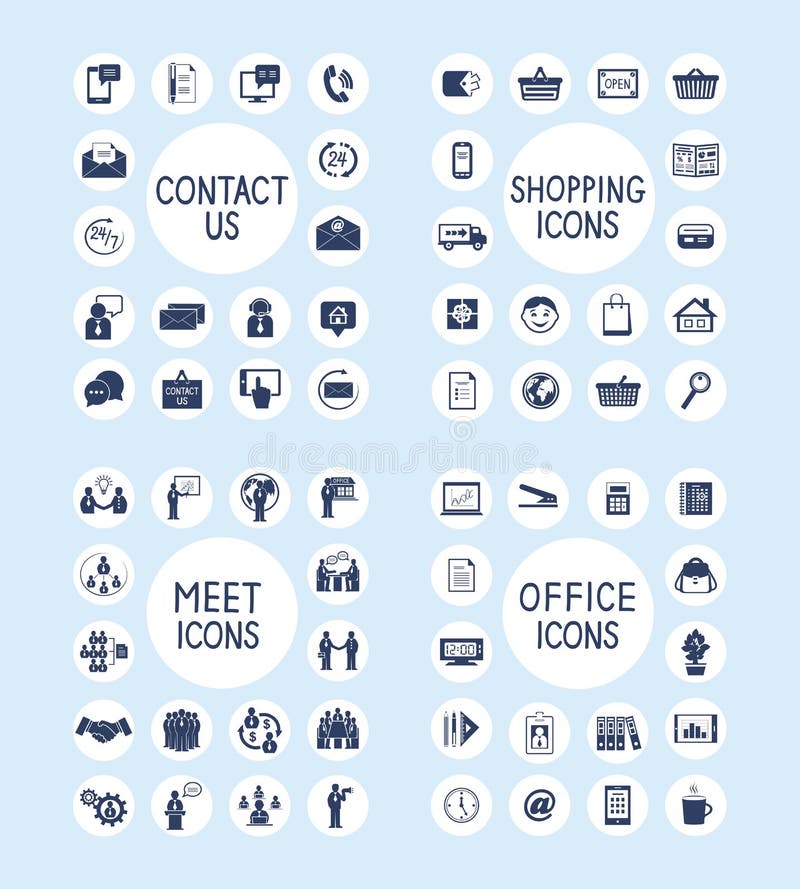 Business people meeting contact us customer care internet shopping marketing and office stationery supplies icons set isolated vector illustration. Business people meeting contact us customer care internet shopping marketing and office stationery supplies icons set isolated vector illustration.