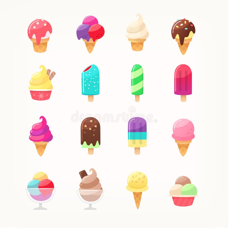 Set of colorful delicious ice cream icons. Ice cones popsicles and ice cream in cups. Kids favourite dairy products. Set of colorful delicious ice cream icons. Ice cones popsicles and ice cream in cups. Kids favourite dairy products