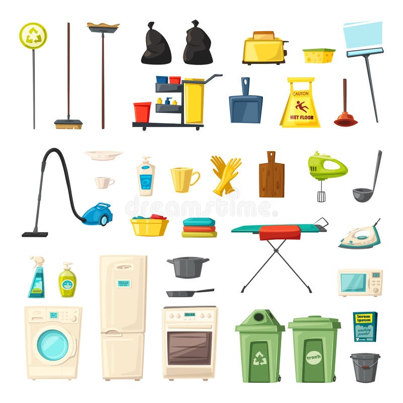 Ícones do grupo do agregado familiar e das fontes de limpeza Ilustração do vetor dos desenhos animados ilustração do vetor Ícones do grupo do agregado familiar e das fontes de limpeza Ilustração do vetor dos desenhos animados ilustração do vetor
