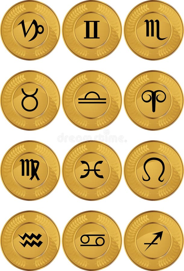 Ícones do Horoscope do zodíaco - moeda de ouro ilustração stock Ícones do Horoscope do zodíaco - moeda de ouro ilustração stock