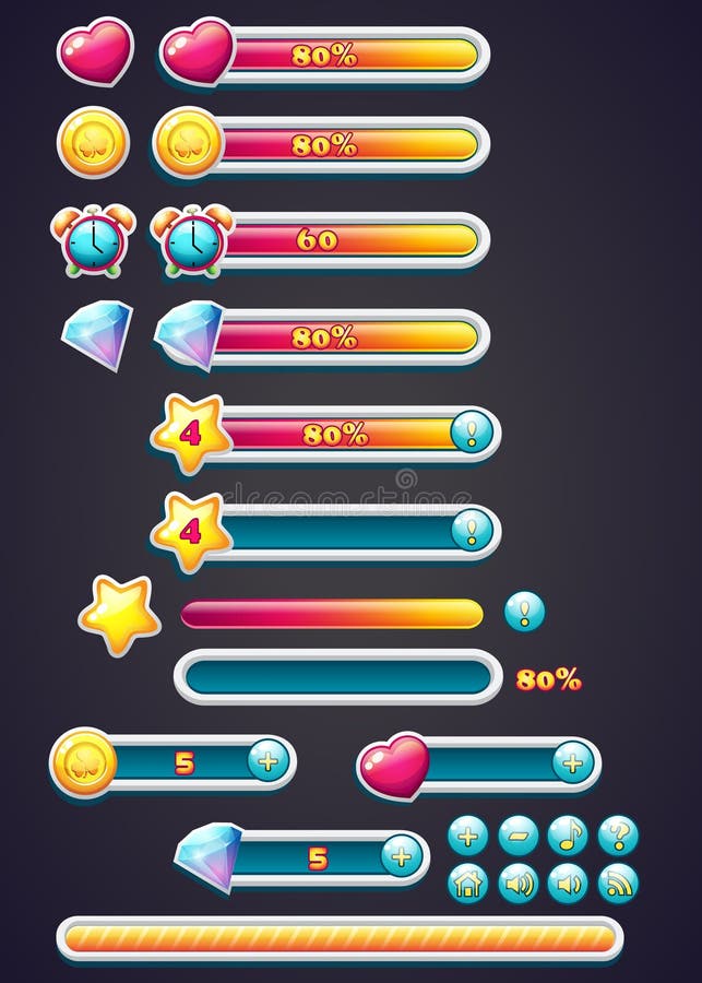 Ícones do jogo com barra do progresso, escavação, assim como uma transferência da barra do progresso para jogos de computador ilustração stock Ícones do jogo com barra do progresso, escavação, assim como uma transferência da barra do progresso para jogos de computador ilustração stock