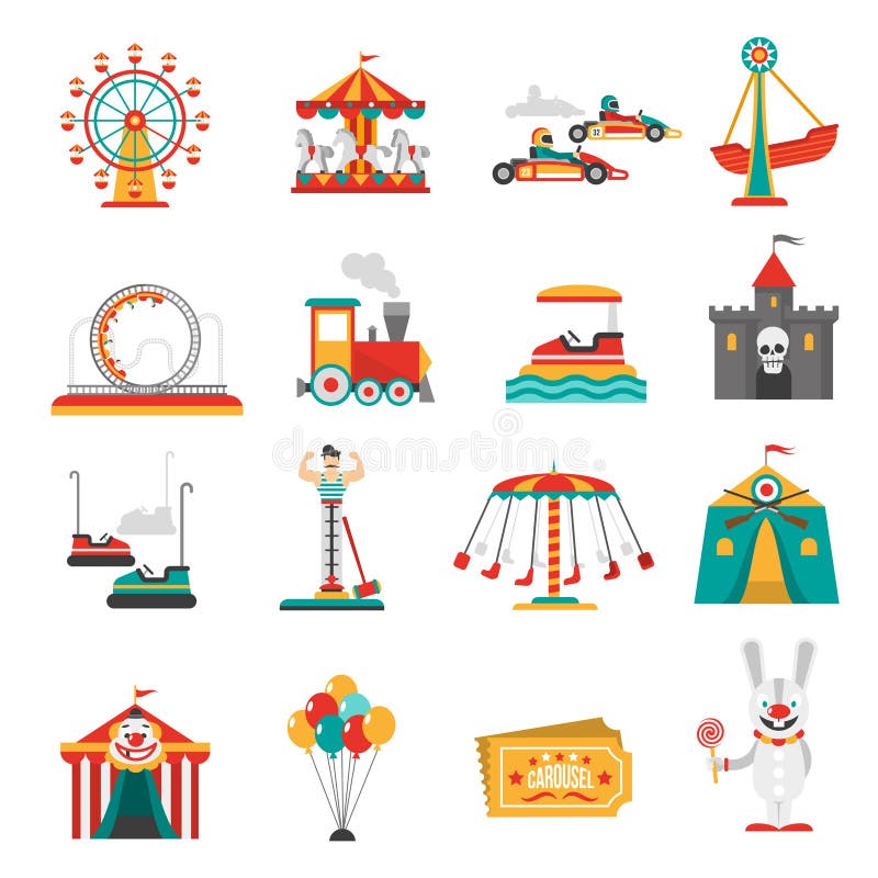 Amusement park flat icons set with family attractions isolated vector illustration. Amusement park flat icons set with family attractions isolated vector illustration