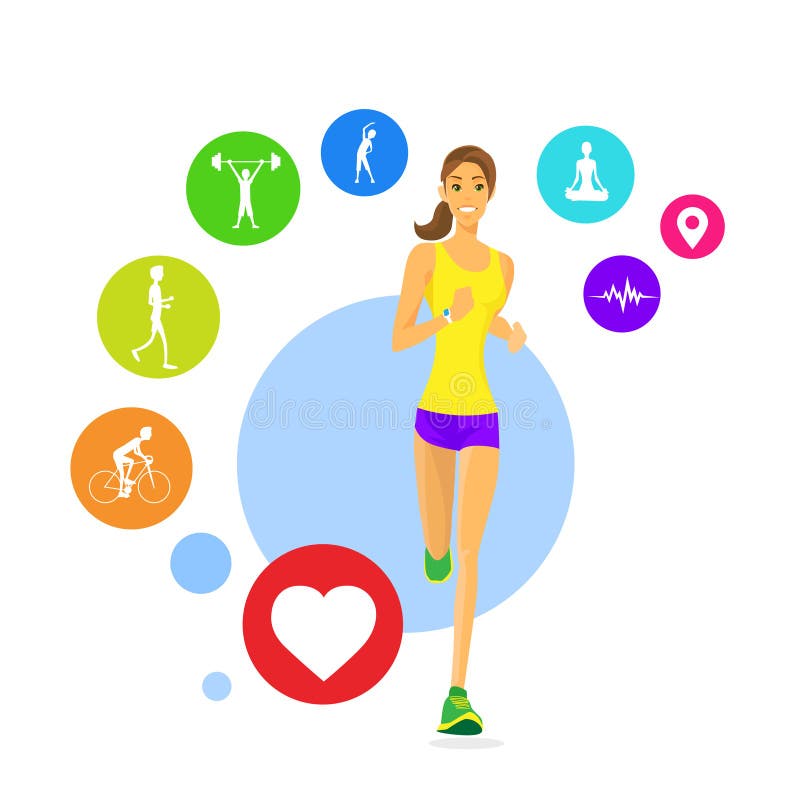 Ícones do perseguidor do App da aptidão da corrida da mulher do esporte Wearable ilustração stock Ícones do perseguidor do App da aptidão da corrida da mulher do esporte Wearable ilustração stock