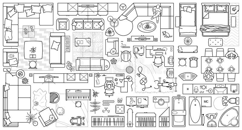 ícones do plano de chão definidos para design interior e visualização de projeto arquitetônico a partir de cima. ícone do mobiliár ícones do plano de chão definidos para design interior e visualização de projeto arquitetônico a partir de cima. ícone do mobiliár