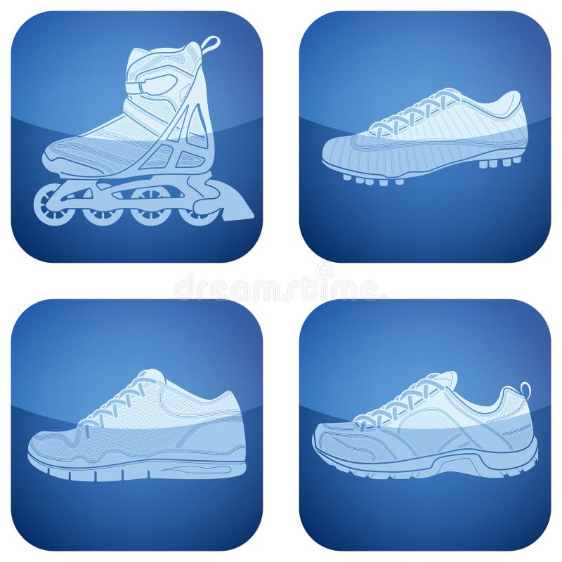 Sports footwear theme icons set. Pictured here from left to right, top to bottom: rollerblading, soccer, training and nordic walking shoes. Vector icons set saved as an Adobe Illustrator version 8 EPS file format easy to edit, resize or colorize. Files are created in CMYK color space safe for prints and easy to convert to RGB color space. Sports footwear theme icons set. Pictured here from left to right, top to bottom: rollerblading, soccer, training and nordic walking shoes. Vector icons set saved as an Adobe Illustrator version 8 EPS file format easy to edit, resize or colorize. Files are created in CMYK color space safe for prints and easy to convert to RGB color space.