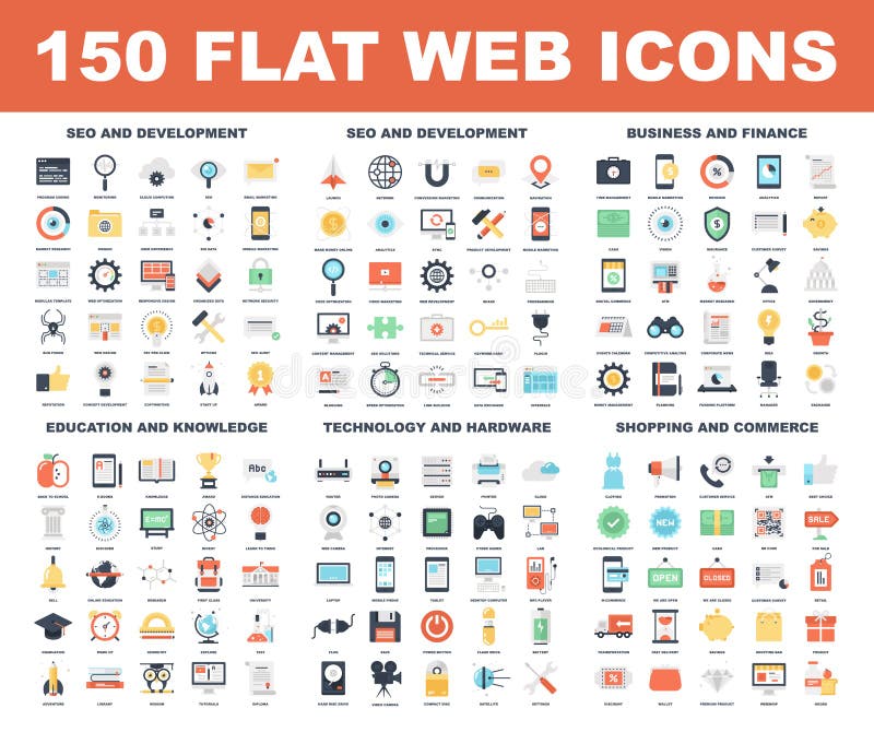 Vector set of 150 flat web icons on following themes - SEO and development, business and finance, education and knowledge, technology and hardware, shopping and commerce. Vector set of 150 flat web icons on following themes - SEO and development, business and finance, education and knowledge, technology and hardware, shopping and commerce.