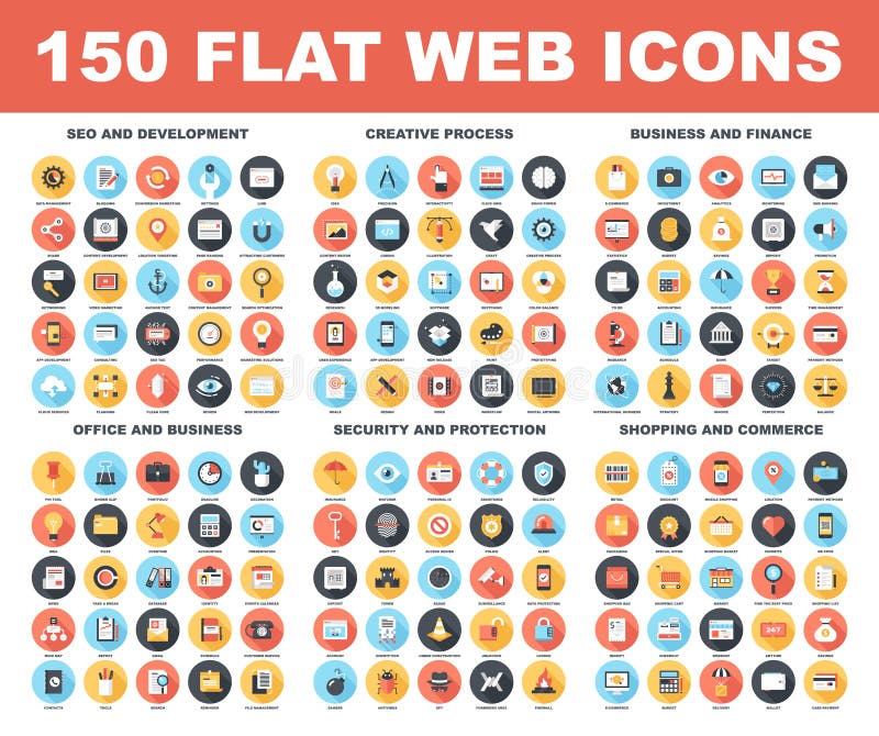 Vector set of 150 flat web icons with long shadow on following themes - SEO and development, creative process, business and finance, office and business, security and protection, shopping and commerce. Vector set of 150 flat web icons with long shadow on following themes - SEO and development, creative process, business and finance, office and business, security and protection, shopping and commerce