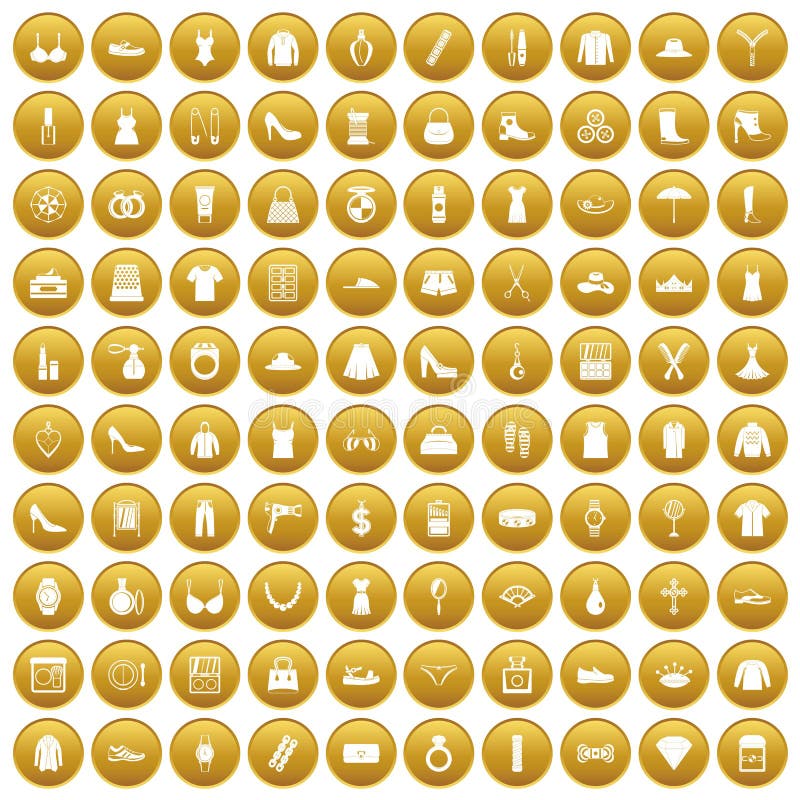 100 ícones dos acessórios das mulheres ajustaram o ouro ilustração stock 100 ícones dos acessórios das mulheres ajustaram o ouro ilustração stock