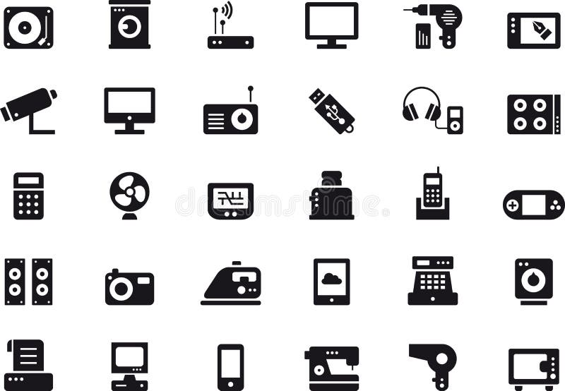 Ícones dos aparelhos eletrodomésticos e dos dispositivos eletrónicos ilustração royalty free Ícones dos aparelhos eletrodomésticos e dos dispositivos eletrónicos ilustração royalty free
