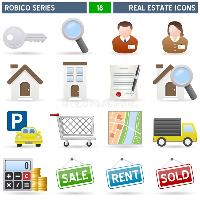 Collection of 16 colorful real estate icons, isolated on white background. Robico Series: check my portfolio for the complete set. Eps file available. Collection of 16 colorful real estate icons, isolated on white background. Robico Series: check my portfolio for the complete set. Eps file available.