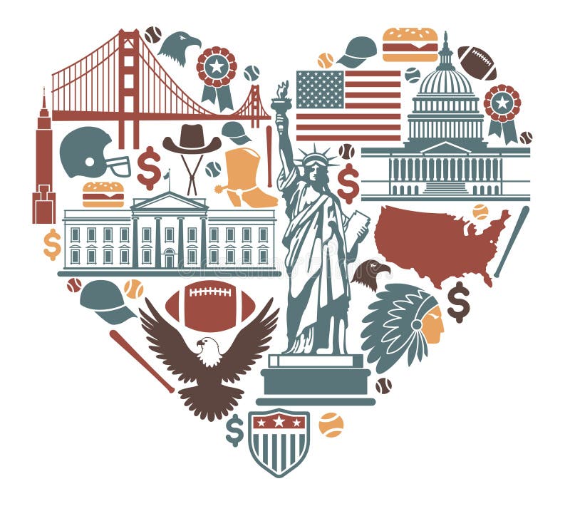 Traditional symbols of architecture and culture of the USA in the form of heart. Traditional symbols of architecture and culture of the USA in the form of heart