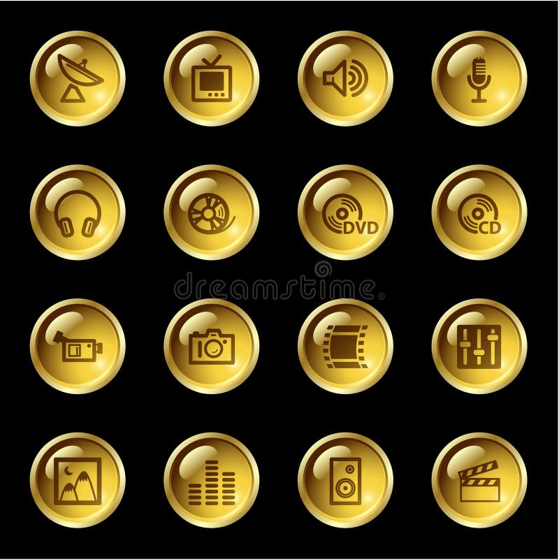 Ícones dos media da gota do ouro ilustração stock Ícones dos media da gota do ouro ilustração stock