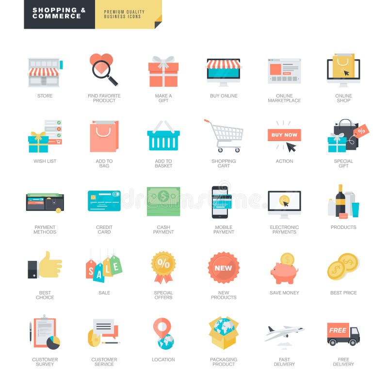Set of modern flat design online shopping and e-commerce icons for graphic and web designers. Set of modern flat design online shopping and e-commerce icons for graphic and web designers
