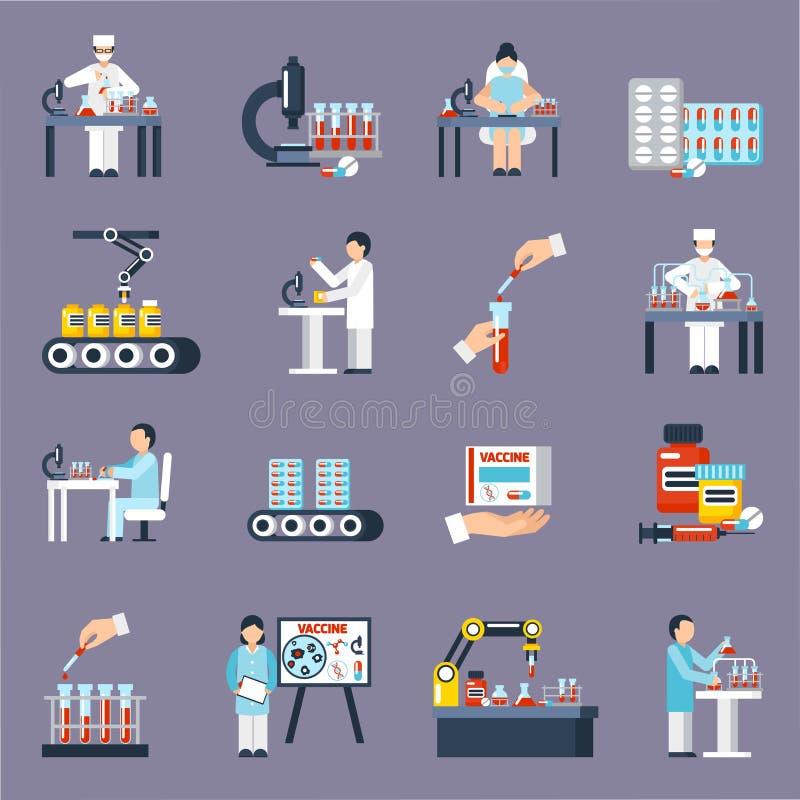 Ícones farmacêuticos da produção ajustados ilustração royalty free Ícones farmacêuticos da produção ajustados ilustração royalty free