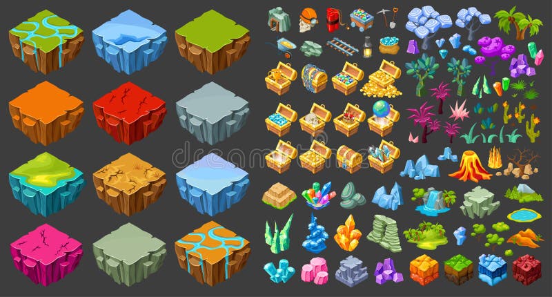 Ícones isométricos da paisagem do jogo ajustados ilustração do vetor Ícones isométricos da paisagem do jogo ajustados ilustração do vetor