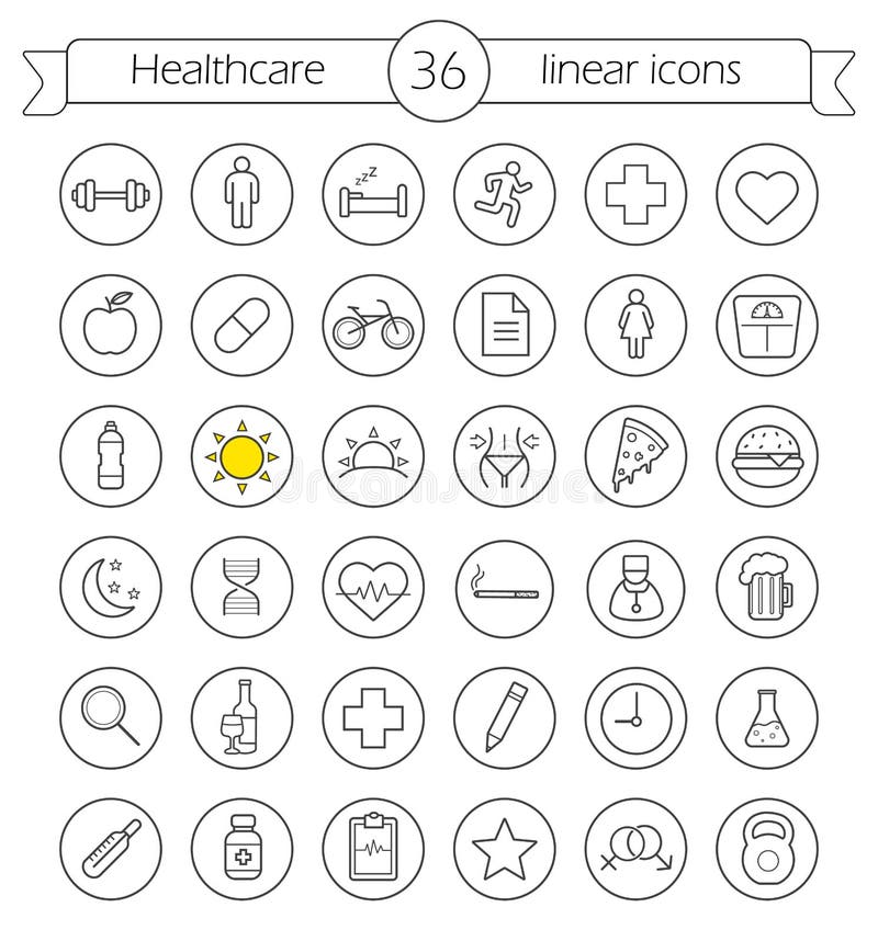Ícones lineares dos cuidados médicos ajustados ilustração do vetor Ícones lineares dos cuidados médicos ajustados ilustração do vetor