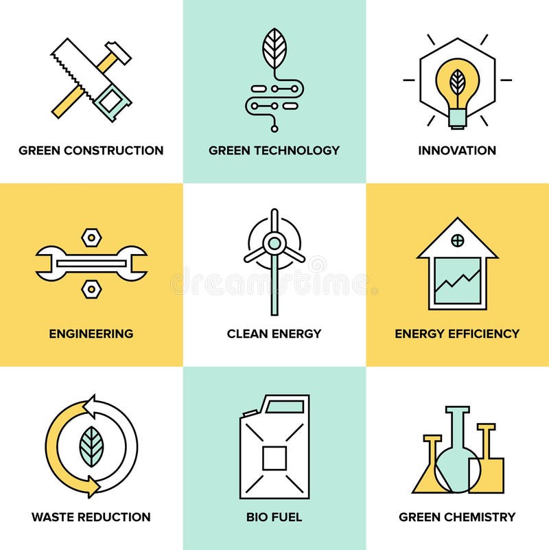 Ícones lisos da tecnologia verde e da energia limpa ajustados ilustração stock Ícones lisos da tecnologia verde e da energia limpa ajustados ilustração stock