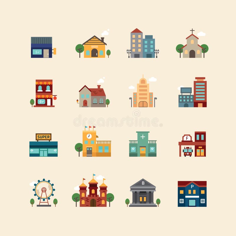 Ícones lisos da Web do vetor ajustados - coleção das construções do projeto da cidade ilustração stock Ícones lisos da Web do vetor ajustados - coleção das construções do projeto da cidade ilustração stock