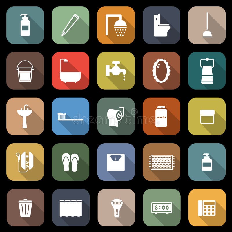 Ícones planos de casa de banho com sombra longa ilustração do vetor