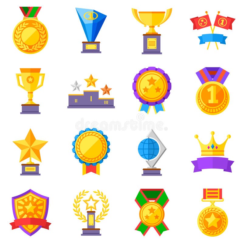 Ícones lisos do vetor das recompensas Pictograma dos copos, das medalhas e das coroas do ouro