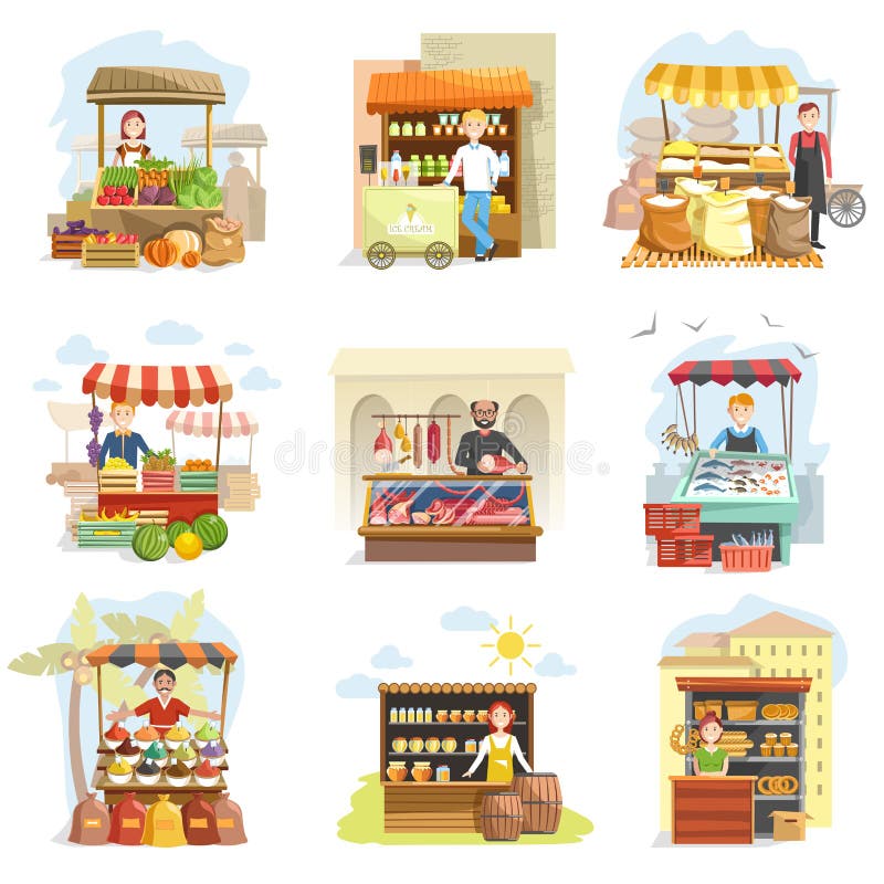 Ícones lisos dos desenhos animados do vetor dos contadores do alimento do mercado da cabine e da exploração agrícola do vendedor ilustração do vetor Ícones lisos dos desenhos animados do vetor dos contadores do alimento do mercado da cabine e da exploração agrícola do vendedor ilustração do vetor