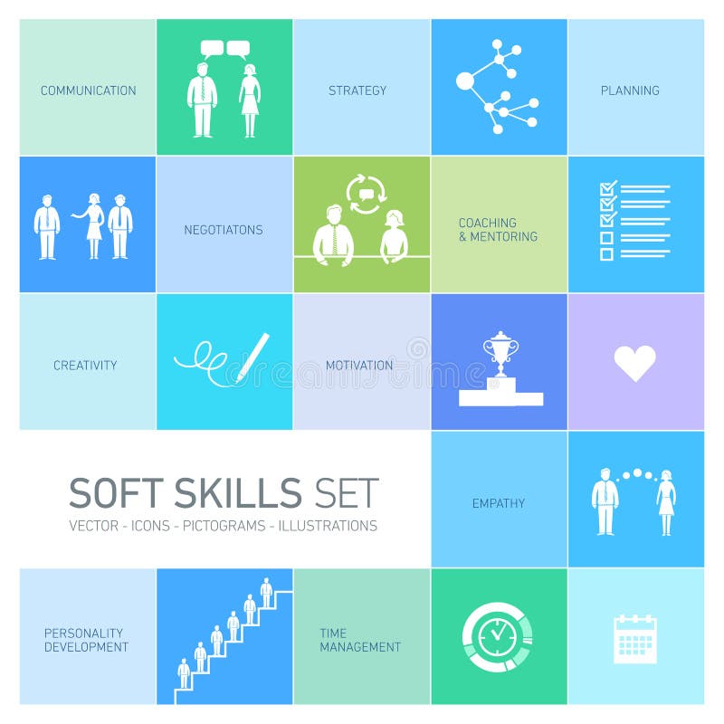 Soft skills icons and pictograms set black on colorfulf background. Soft skills icons and pictograms set black on colorfulf background