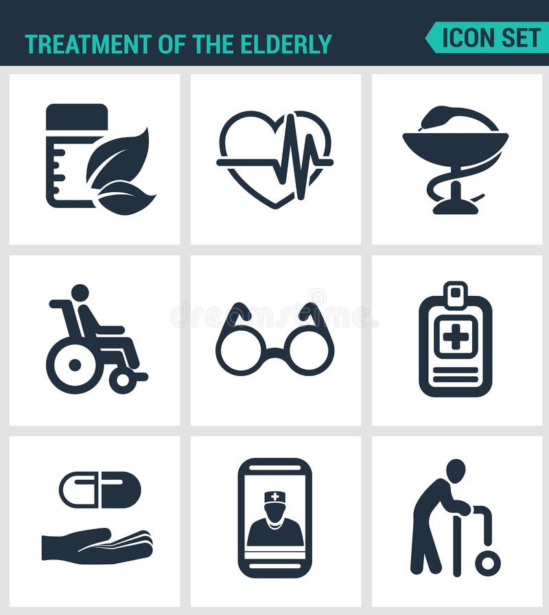 Ícones modernos ajustados Tratamento a medicina idosa, palpitação de coração, farmácia, pessoa deficiente, vidros, comprimidos da ilustração do vetor Ícones modernos ajustados Tratamento a medicina idosa, palpitação de coração, farmácia, pessoa deficiente, vidros, comprimidos da ilustração do vetor