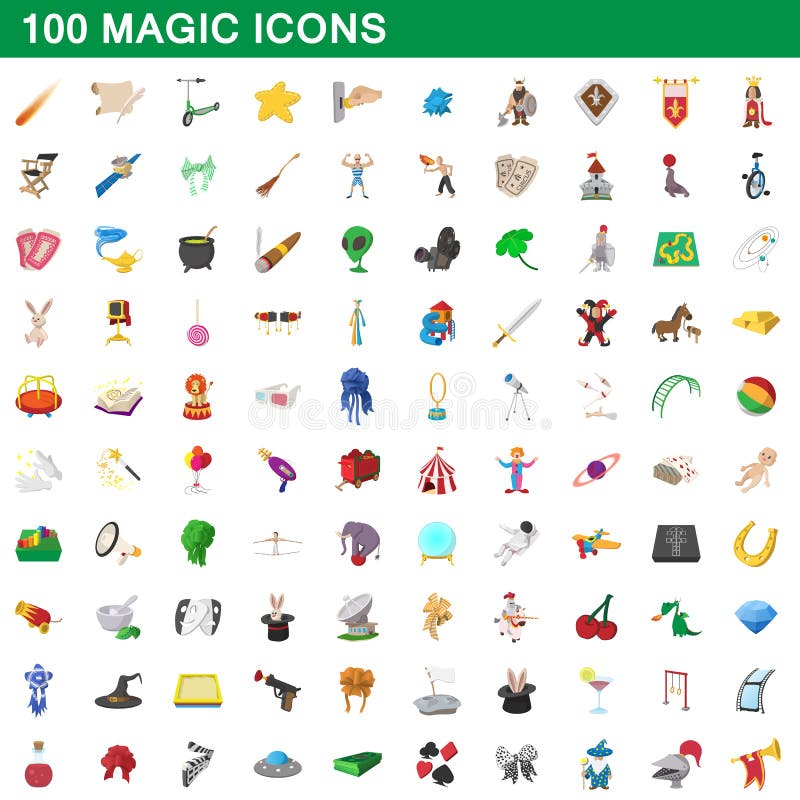 100 ícones mágicos ajustados, estilo dos desenhos animados ilustração royalty free 100 ícones mágicos ajustados, estilo dos desenhos animados ilustração royalty free