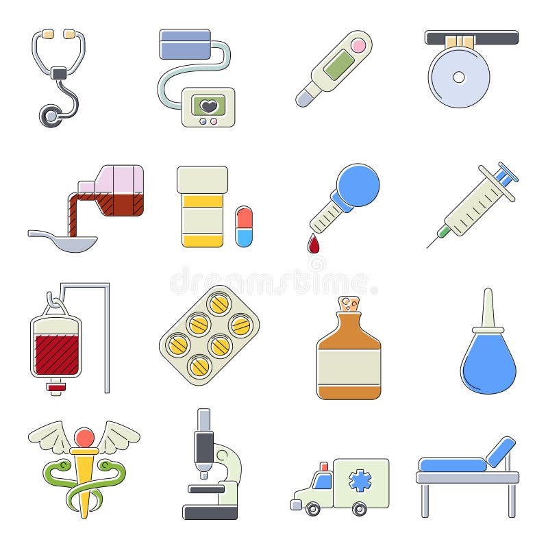 Ícones médicos ajustados, estilo do outine dos desenhos animados ilustração royalty free Ícones médicos ajustados, estilo do outine dos desenhos animados ilustração royalty free