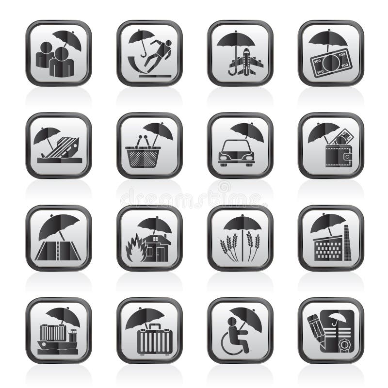 Ícones preto e branco do seguro, do risco e do negócio ilustração do vetor Ícones preto e branco do seguro, do risco e do negócio ilustração do vetor