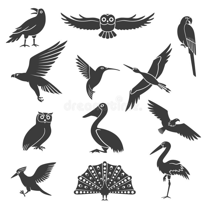 Ícones pretos das silhuetas estilizados dos pássaros ajustados ilustração royalty free Ícones pretos das silhuetas estilizados dos pássaros ajustados ilustração royalty free