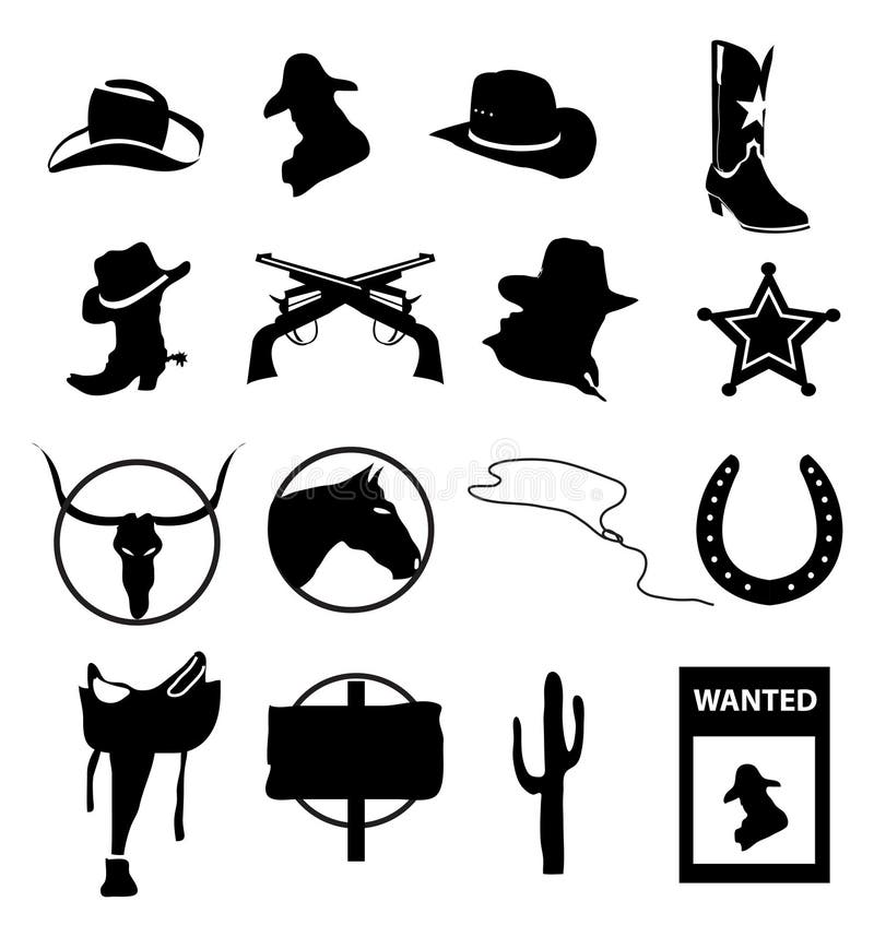 Ícones selvagens do oeste e dos vaqueiros ajustados ilustração do vetor Ícones selvagens do oeste e dos vaqueiros ajustados ilustração do vetor