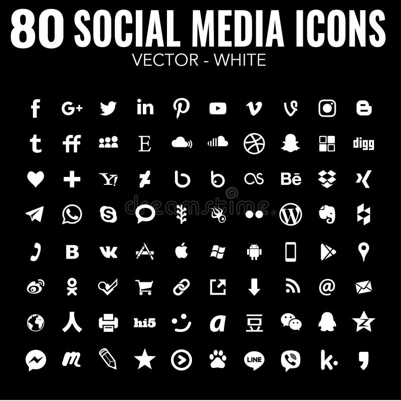80 ícones sociais simples dos meios do vetor liso - brancos - para o design web e o projeto gráfico