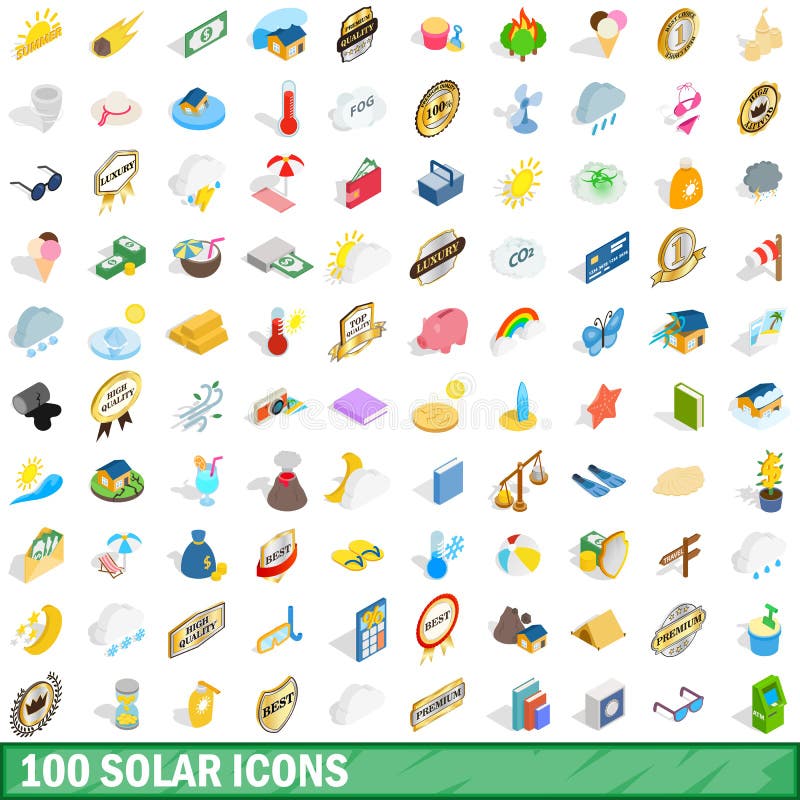 100 solar icons set in isometric 3d style for any design vector illustration. 100 solar icons set in isometric 3d style for any design vector illustration