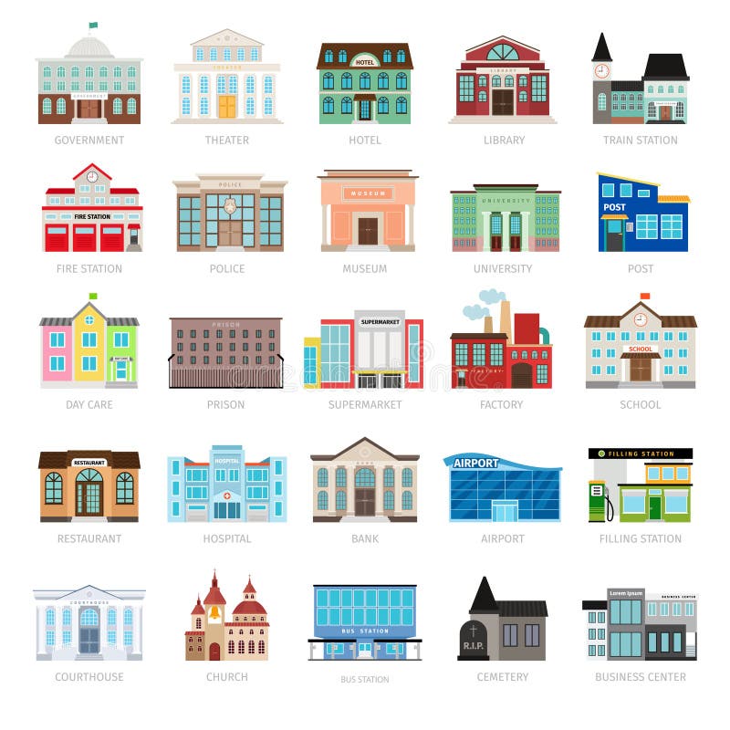 Ícones urbanos coloridos da construção do governo ilustração do vetor Ícones urbanos coloridos da construção do governo ilustração do vetor
