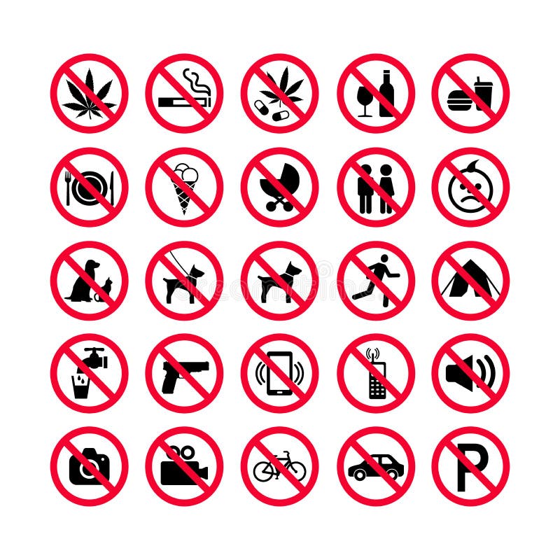 Ícones vermelhos da proibição ajustados Sinais da proibição Ícones proibidos do sinal ilustração do vetor Ícones vermelhos da proibição ajustados Sinais da proibição Ícones proibidos do sinal ilustração do vetor