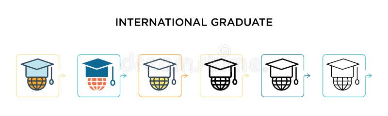 ícono de vector de graduación internacional en 6 estilos modernos diferentes. iconos negros de dos colores para graduados internac stock de ilustración