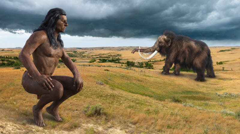 Early pre Columbian Native American Indian on the American plains stalking and hunting the extinct elephant, the woolly mammoth. Prehistoric times. Early pre Columbian Native American Indian on the American plains stalking and hunting the extinct elephant, the woolly mammoth. Prehistoric times.
