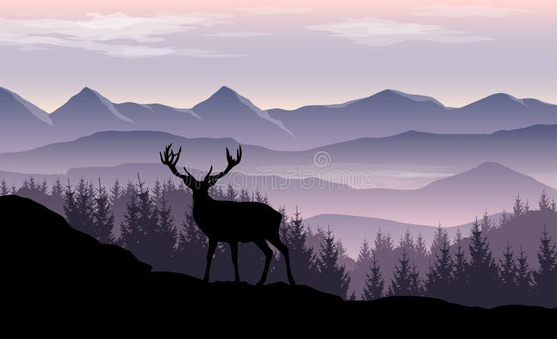 Διανυσματικό τοπίο με τα misty βουνά, το δάσος και τη σκιαγραφία των ελαφιών ελεύθερη απεικόνιση δικαιώματος Διανυσματικό τοπίο με τα misty βουνά, το δάσος και τη σκιαγραφία των ελαφιών ελεύθερη απεικόνιση δικαιώματος