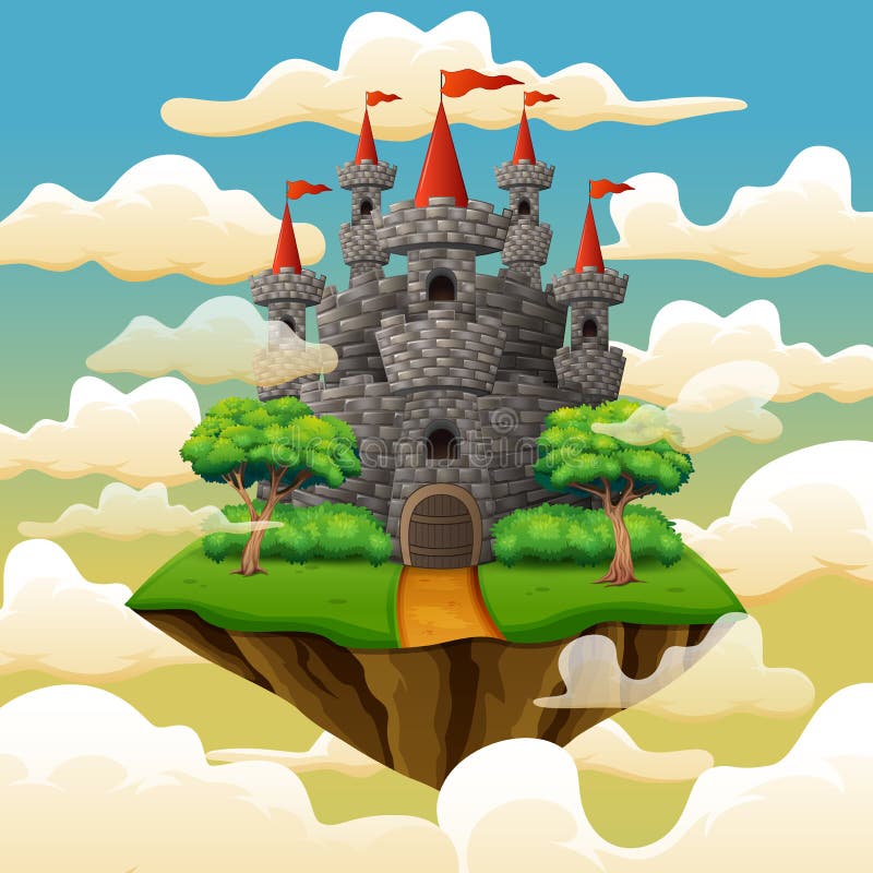 Île de vol d'imagination avec le château de conte de fées en nuages illustration libre de droits Île de vol d'imagination avec le château de conte de fées en nuages illustration libre de droits