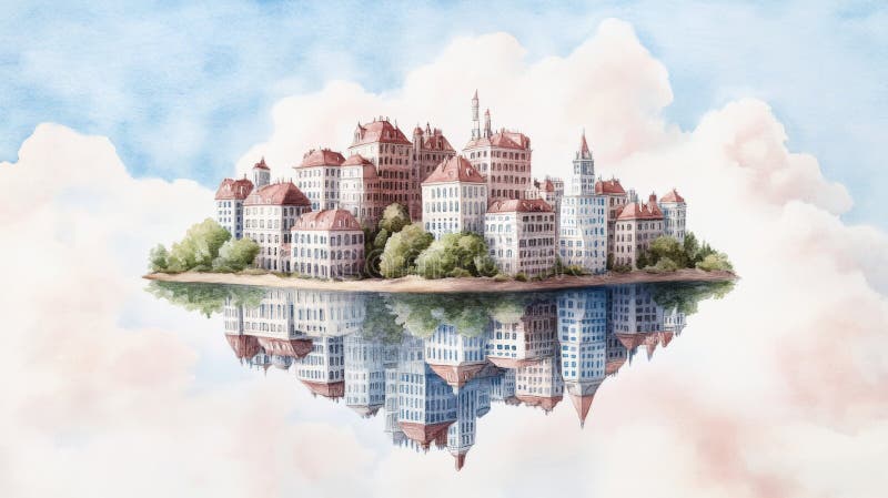 île flottante avec paysage urbain surréaliste réfléchissant l'eau contre un ciel nuageux illustration libre de droits